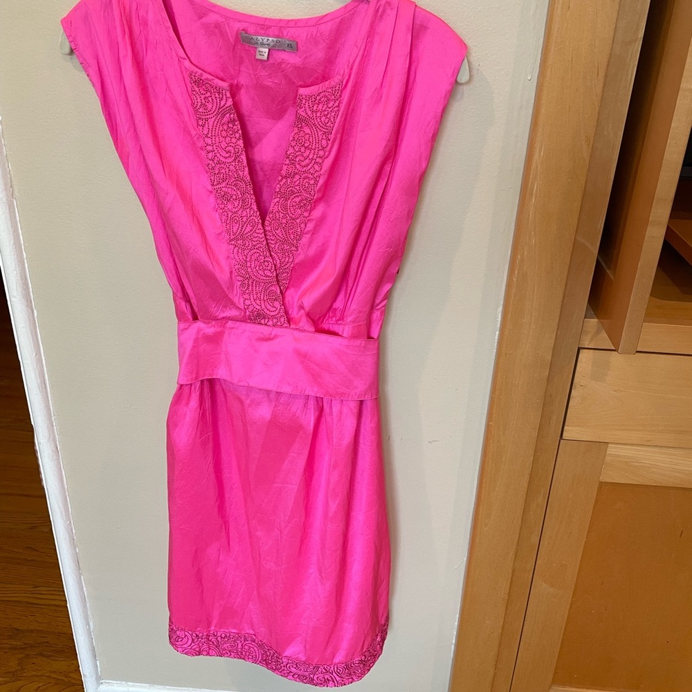 Calypso St Barth Pink Silk Dress Size XS Tie Waist Embroidered Vneck